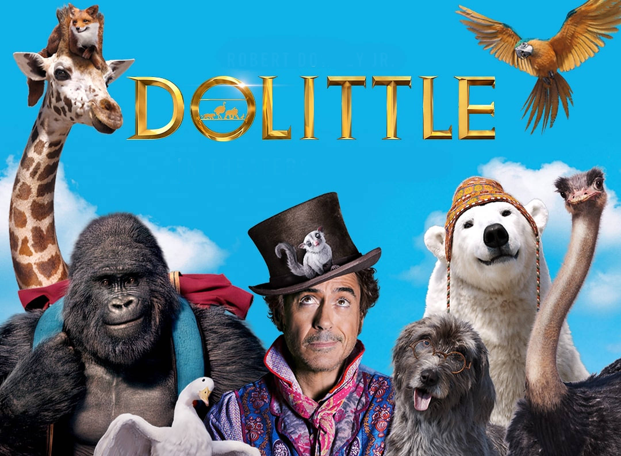 dolittle 桌布 壁紙 — 杜立德醫生站在明亮的藍天下，被動畫動物包圍，包括長頸鹿、大猩猩、北極熊和鴕鳥。