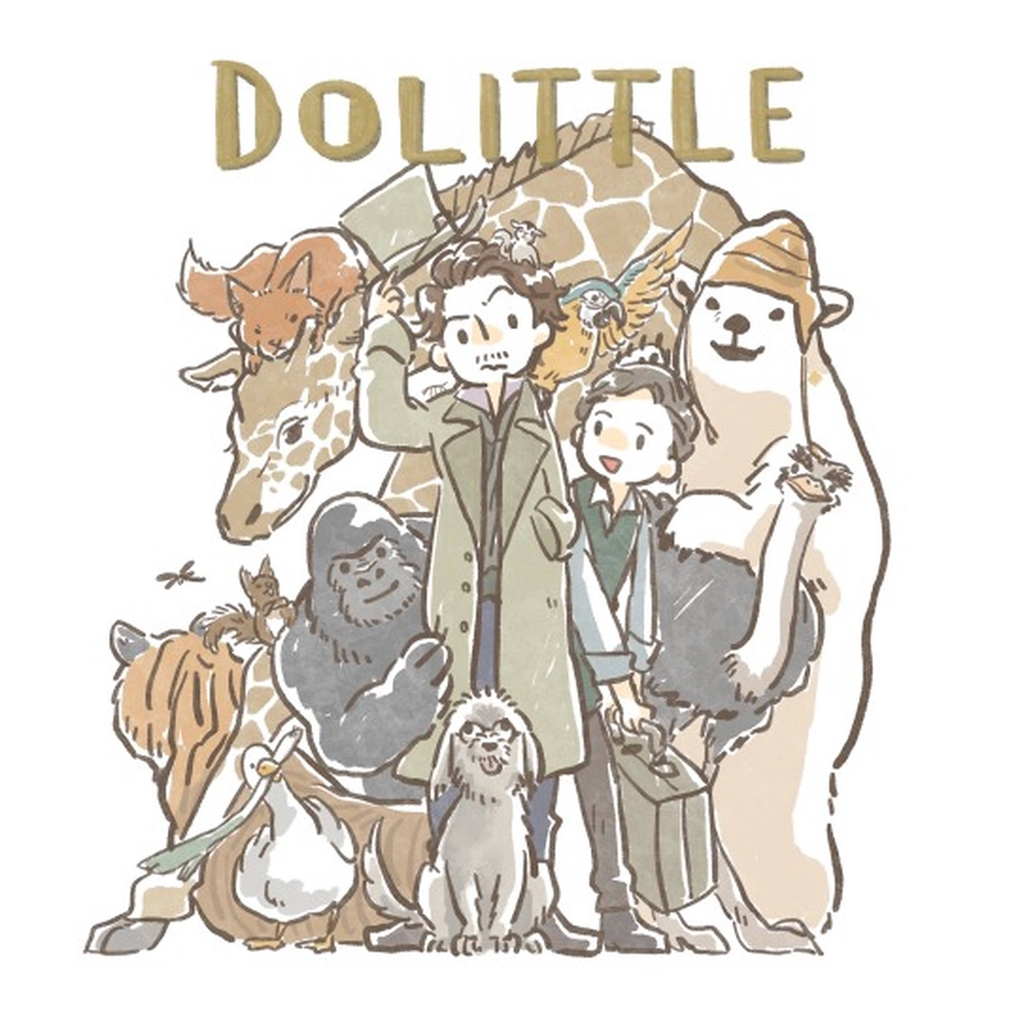 dolittle 桌布 壁紙 — 杜立德醫生與他的動物朋友（包括長頸鹿、大猩猩、熊和狗）聚集在一起的異想天開插圖。