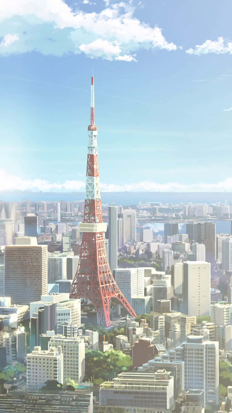 動漫 桌布 壁紙 — 東京塔在晴朗藍天和蓬鬆白雲下，聳立於廣闊的城市景觀中。