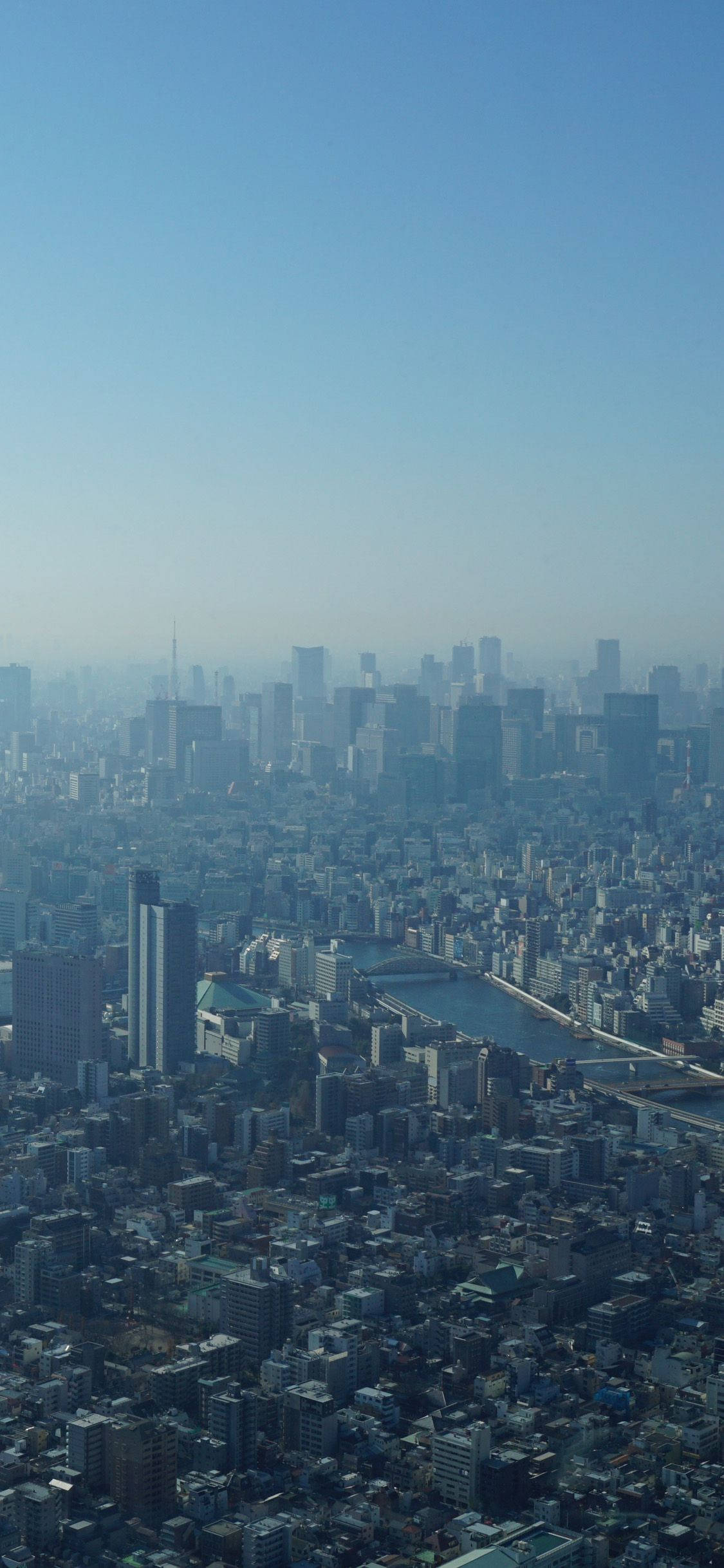 USA 桌布 壁紙 — 東京密集城市擴張的鳥瞰圖，藍天白雲下河流蜿蜒穿過城市景觀。