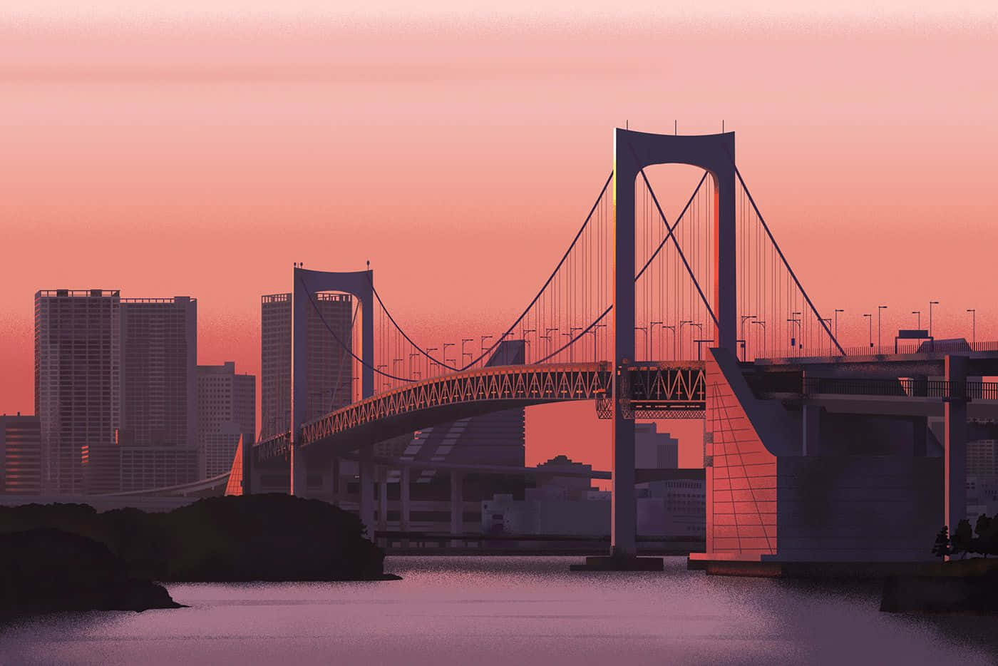 Rainbow Bridge 桌布 壁紙 — 東京彩虹橋在鮮豔粉紅色日落映照下，於水面上呈現剪影，背景是城市建築。