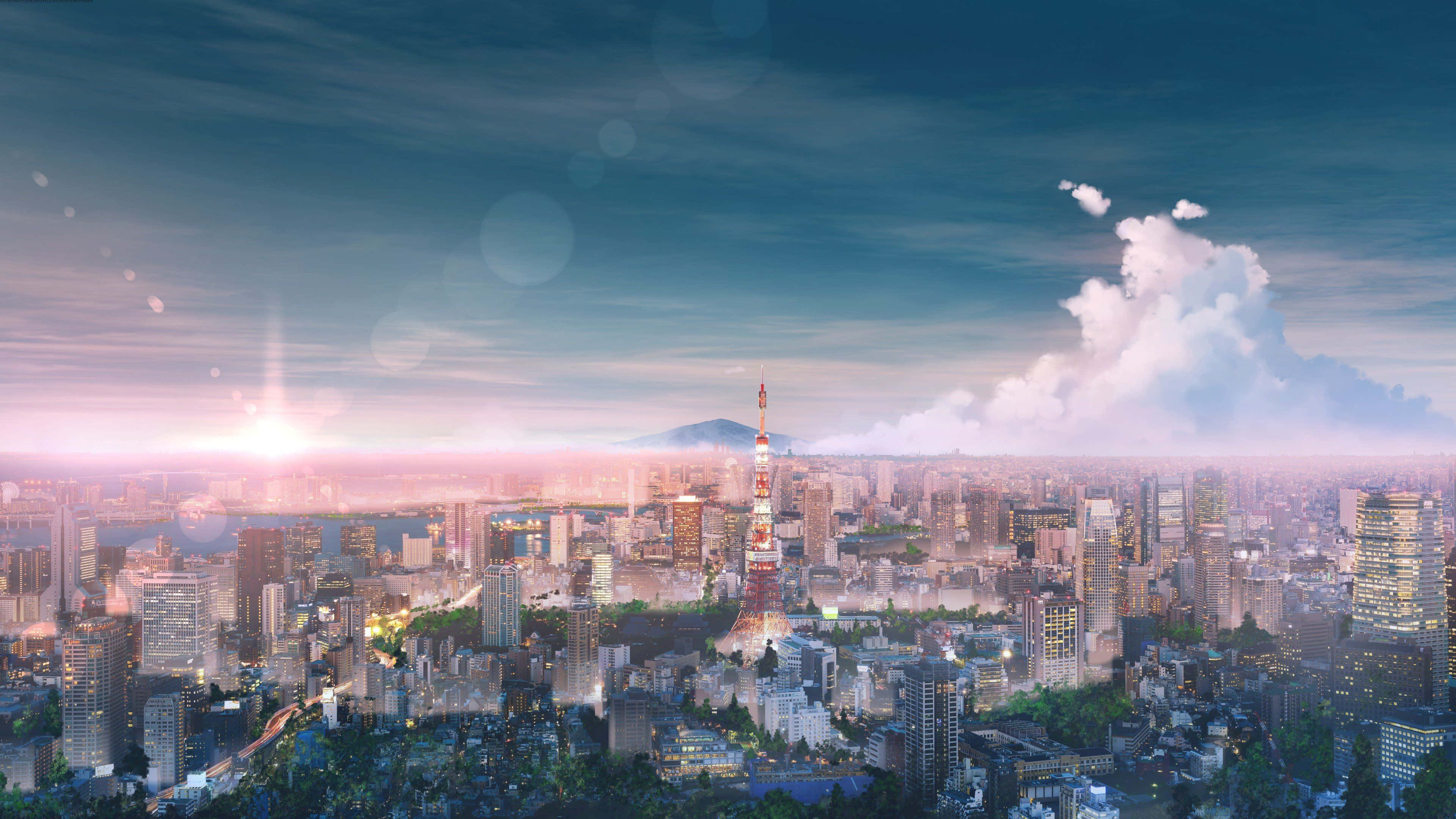 藝術 桌布 壁紙 — 東京日落時的全景，東京塔在粉紅和藍色的天空中閃耀。