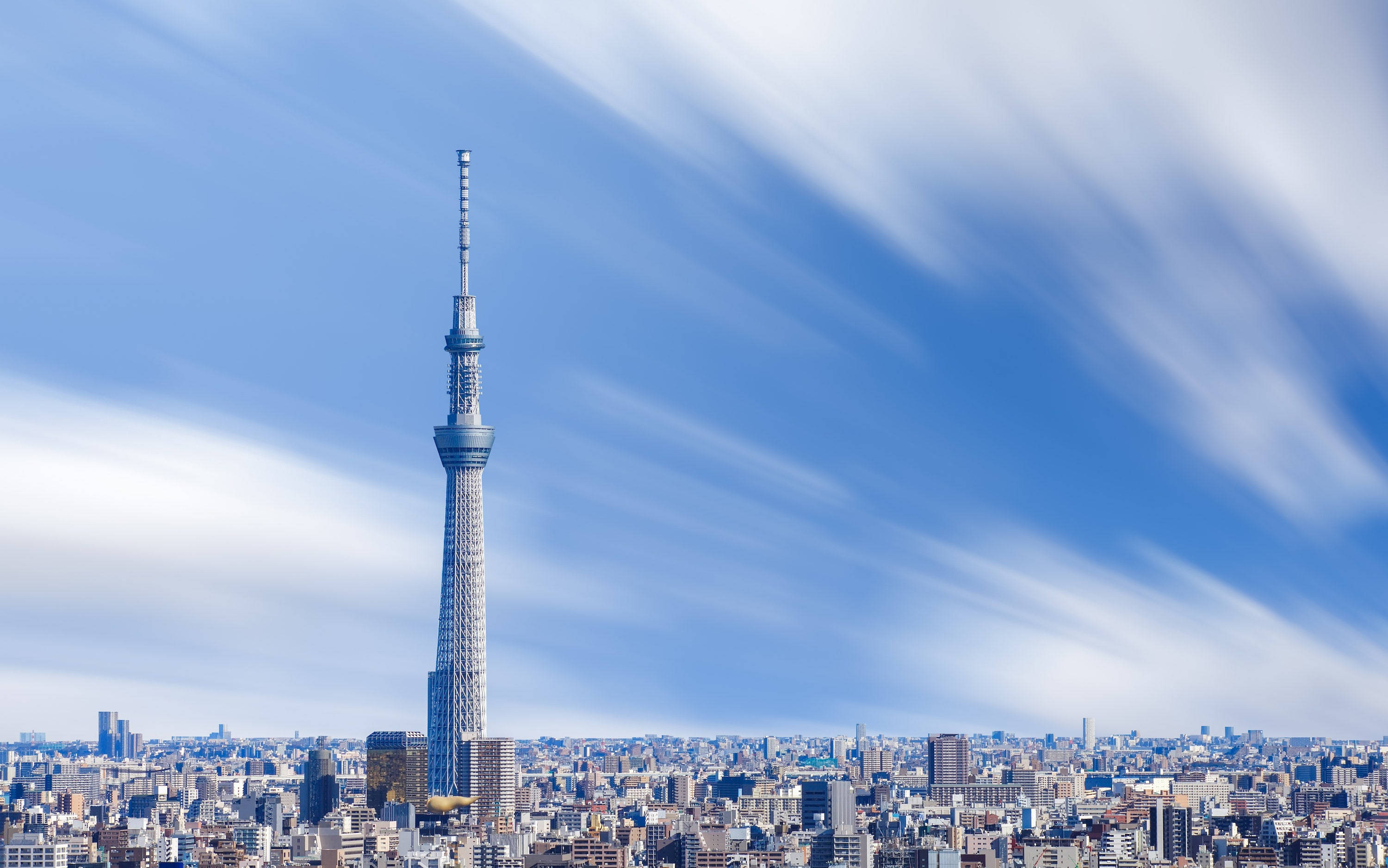 日本 桌布 壁紙 — 東京晴空塔刺穿了一片充滿活力的藍天，天空中有縷縷薄雲，下方是廣闊的城市天際線。