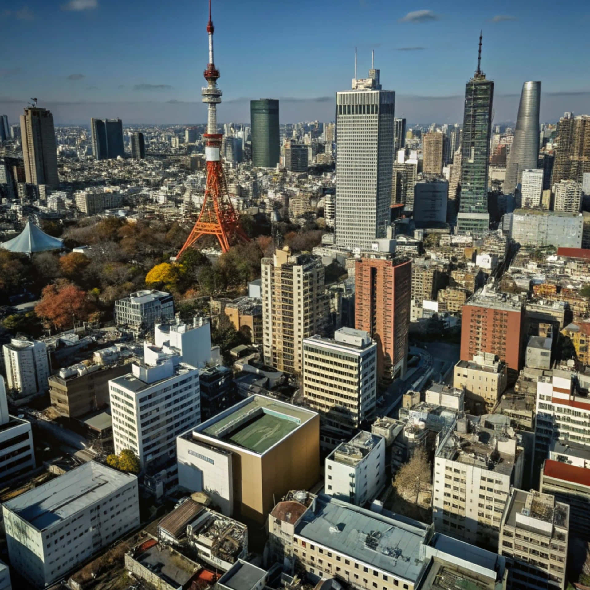 City skyline 壁紙 — 東京的鳥瞰圖，展示了在密集的城市景觀中，現代摩天大樓和秋色樹木襯托下，標誌性的紅色東京鐵塔，背景是清澈的藍天。