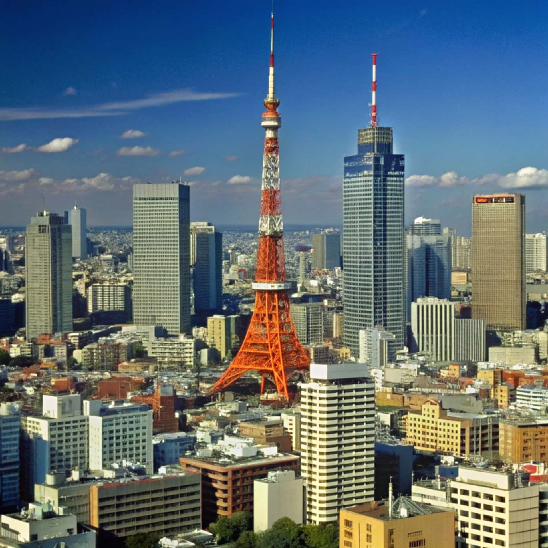 Tokyo Skyline 壁紙 — 東京鐵塔以鮮豔的橙色矗立在清澈的藍天下，周圍環繞著現代摩天大樓和密集的城市建築。