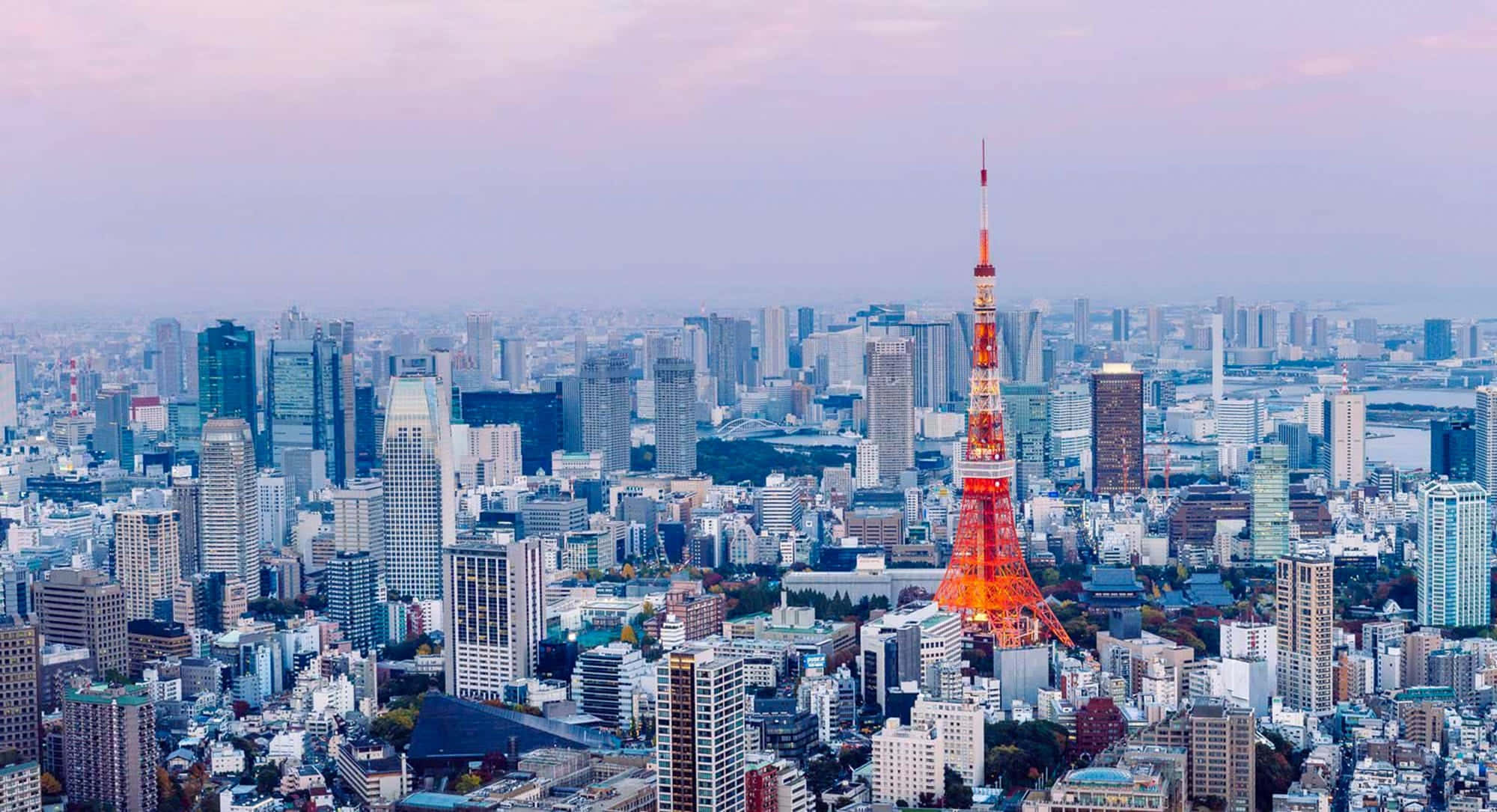 Tokyo Japan 桌布 壁紙 — 東京鐵塔在柔和的紫色暮色天空中發出橙色光芒，下方是密集的現代摩天大樓和低層建築組成的城市天際線。