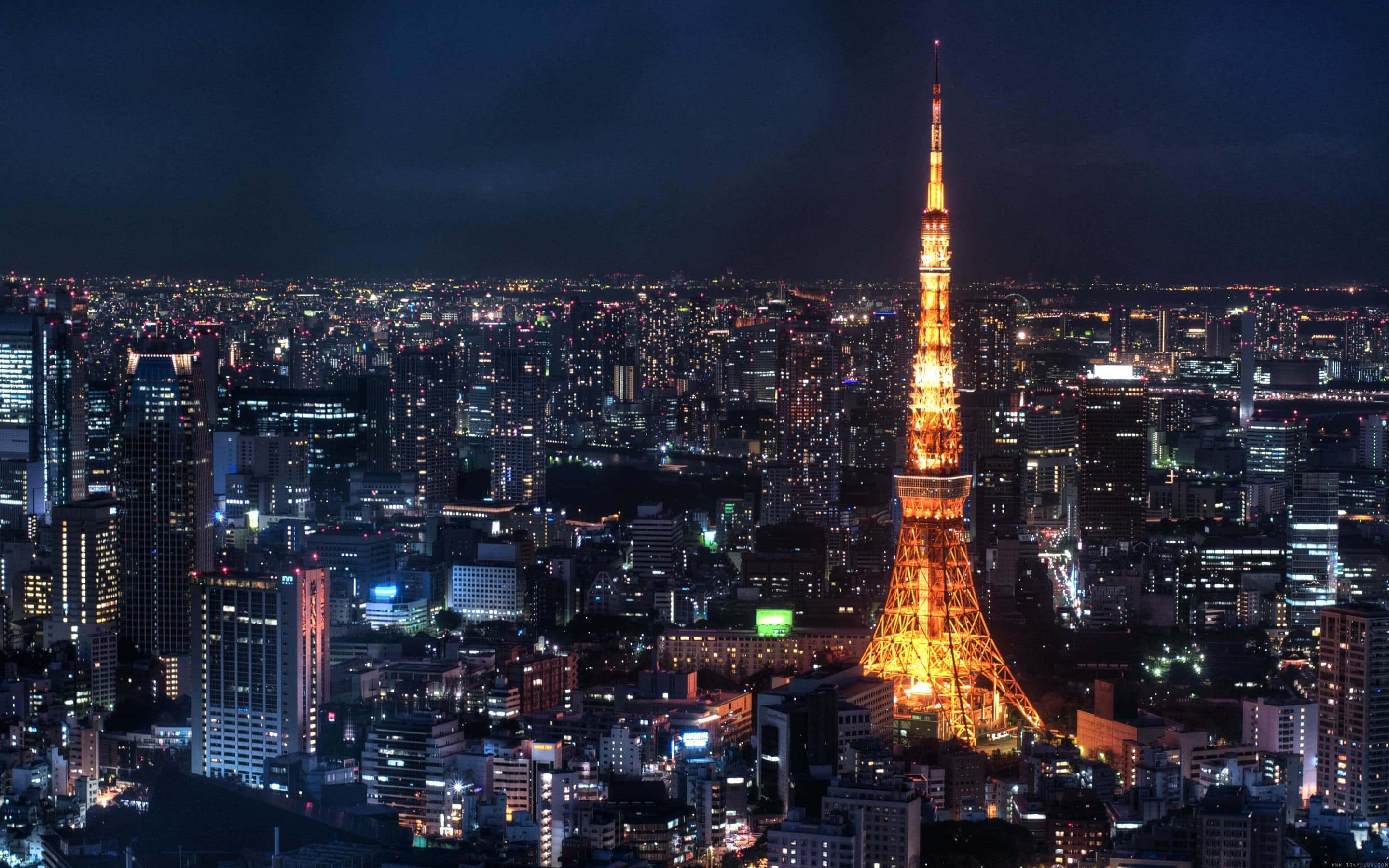 Skyscraper 桌布 壁紙 — 東京鐵塔在漆黑的天空中散發出溫暖的光芒，照亮了下方廣闊的城市景觀，無數燈光閃爍。