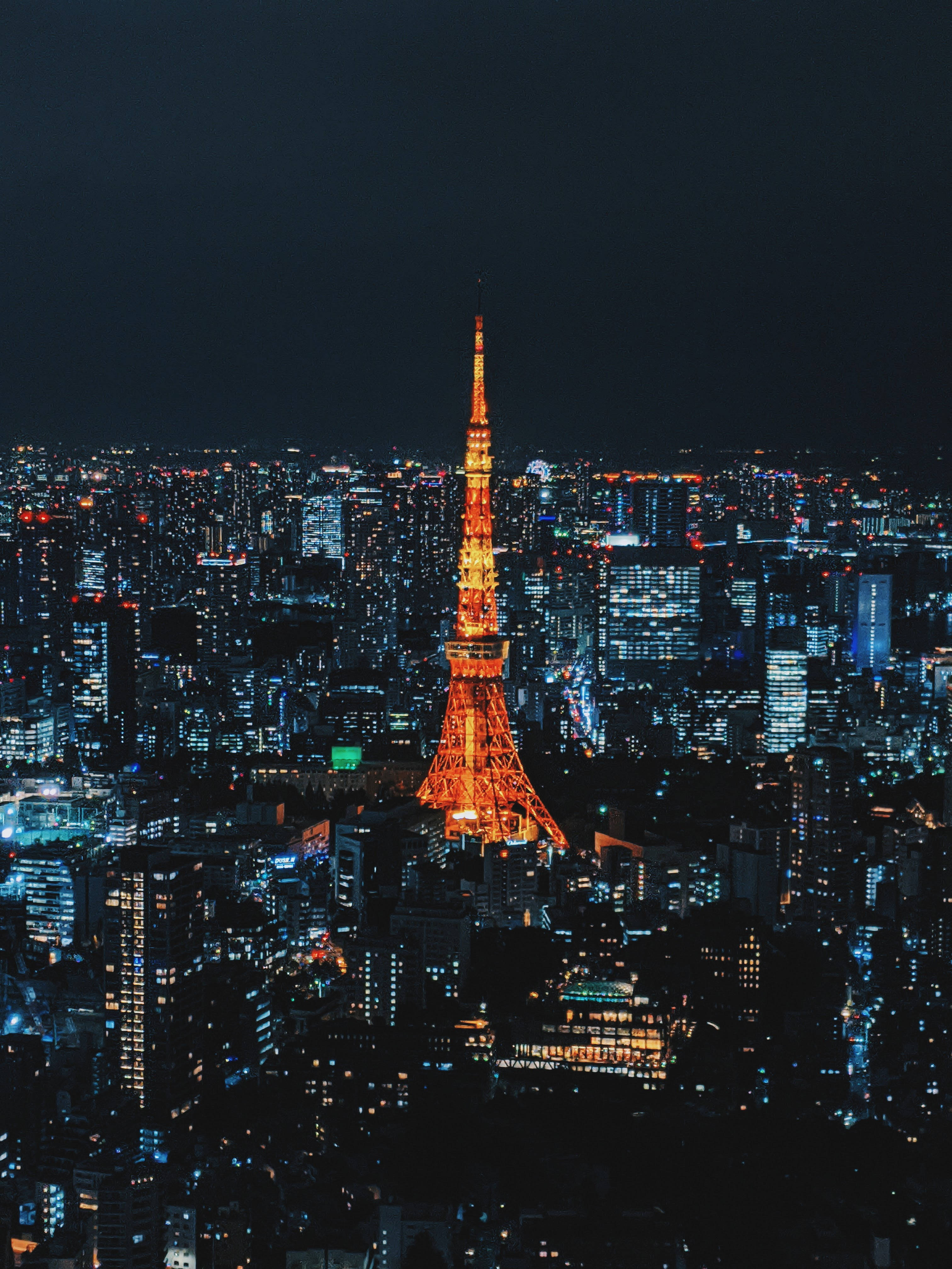 日本 桌布 壁紙 — 東京鐵塔在漆黑的天空中散發溫暖的光芒，下方是無數藍色和白色燈光照亮的廣闊城市景觀。