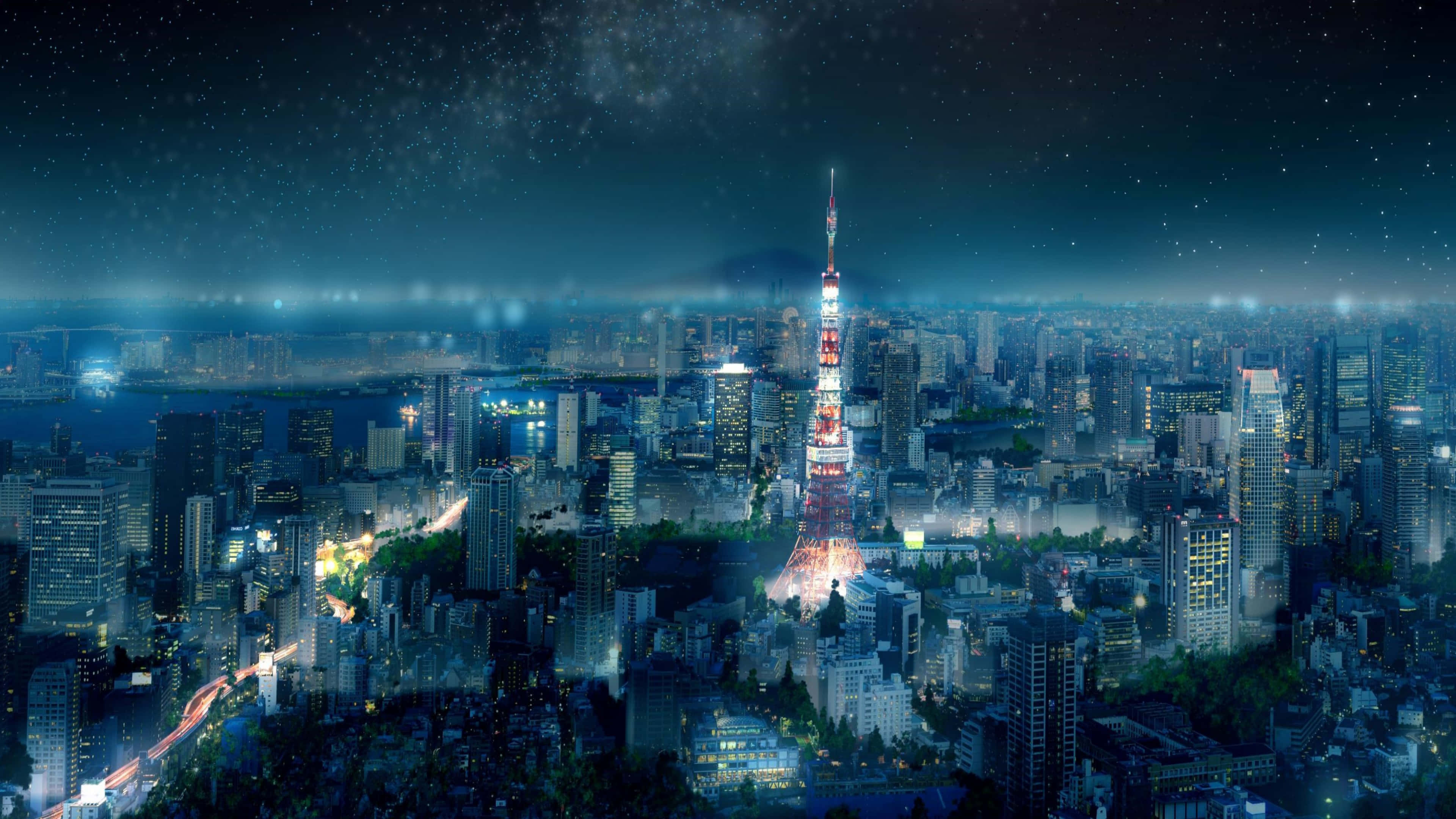 動漫 桌布 壁紙 — 東京鐵塔在繁星點點的夜空下，於廣闊的燈火通明城市景觀之上璀璨發光。
