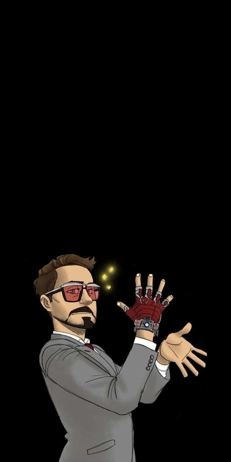Iron Man Fan Art 桌布 壁紙 — 東尼·史塔克穿著灰色西裝和紅色眼鏡，在黑色背景前用發光的弧形反應爐動力手套做手勢。