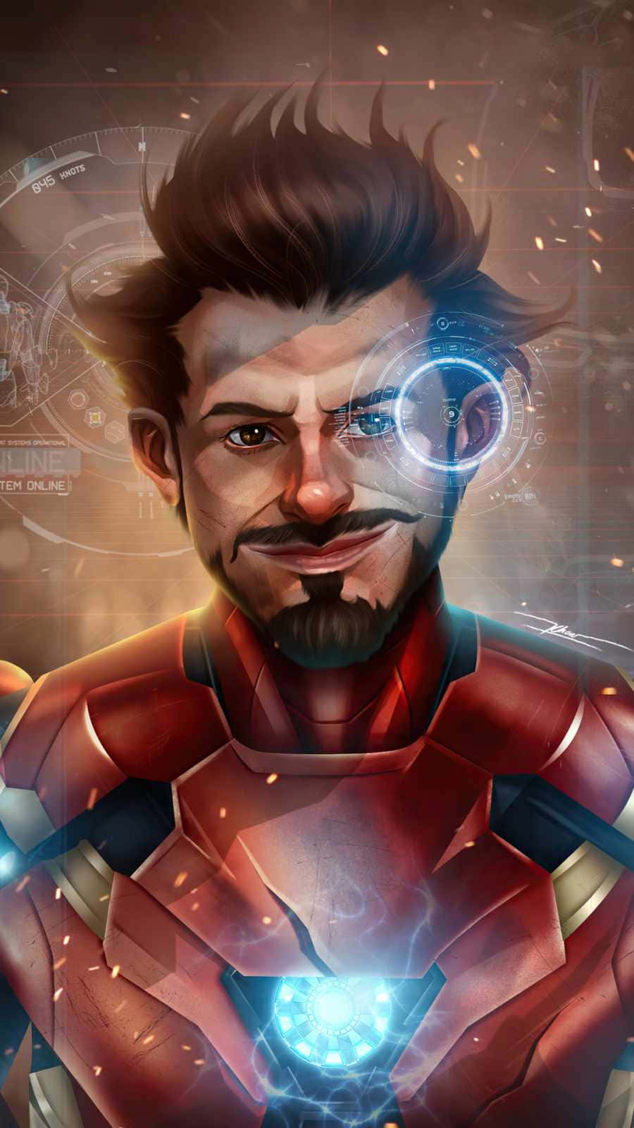 Iron Man Art 桌布 壁紙 — 東尼·史塔克穿著紅金色鋼鐵人戰甲，配備發光弧形反應爐和HUD介面的數位藝術肖像。