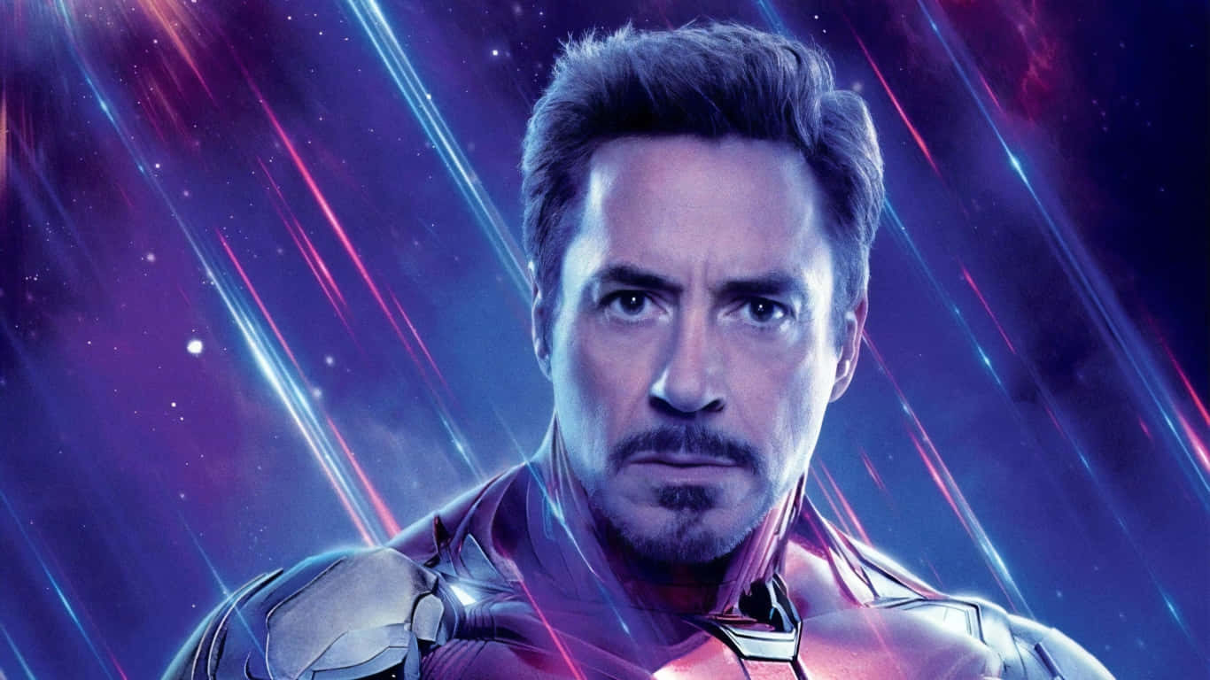 1366x768 Iron Man 桌布 壁紙 — 東尼·史塔克穿著鋼鐵人裝甲，在充滿霓虹燈光和星星的宇宙背景下凝視著。