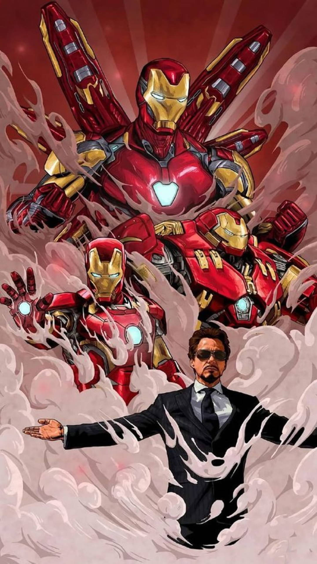 tony stark 桌布 壁紙 — 東尼·史塔克身穿西裝，站在三個從煙霧中衝出的鋼鐵人裝甲前，背景是紅色光芒。