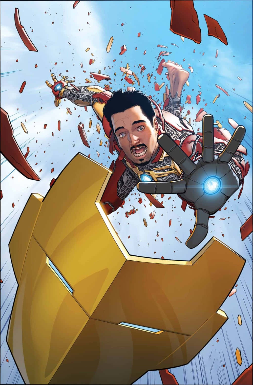 Iron Man Comics 桌布 壁紙 — 東尼·史塔克身穿鋼鐵人裝甲，在飛揚的碎片中衝破金色頭盔，背景是明亮的藍天。