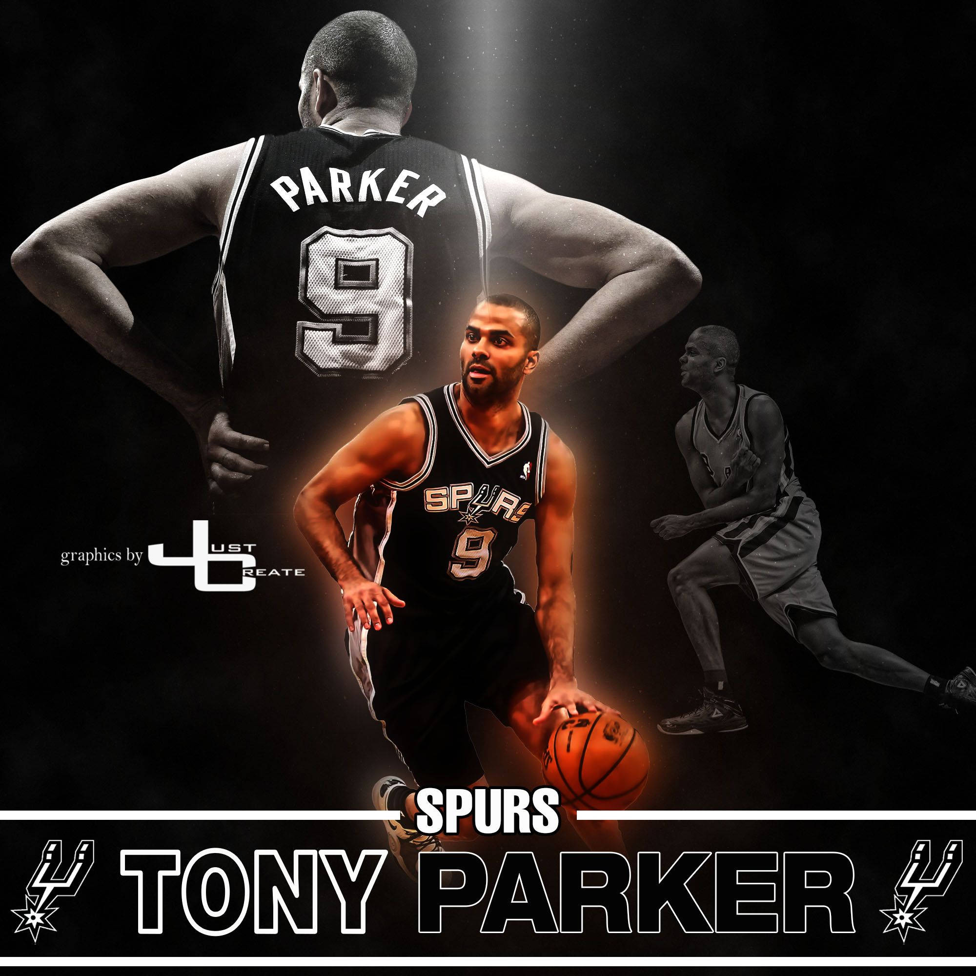 Tony Parker 桌布 壁紙 — 東尼·帕克身穿馬刺球衣，在黑色背景下以戲劇性燈光和分層動作姿勢運球。