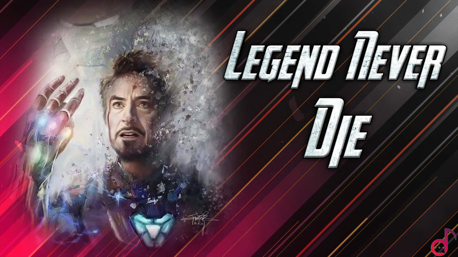Legends Never Die 桌布 壁紙 — 東尼史塔克手持發光手套，在動態紅黑條紋背景和粗體文字中分解成粒子。