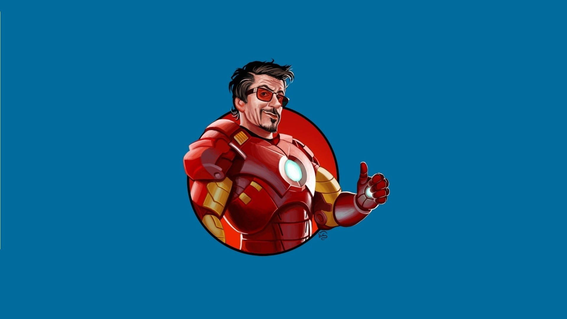 Iron Man Logo 桌布 壁紙 — 東尼史塔克穿著紅色和金色的鋼鐵人裝甲，在純藍色背景前比出讚的手勢。