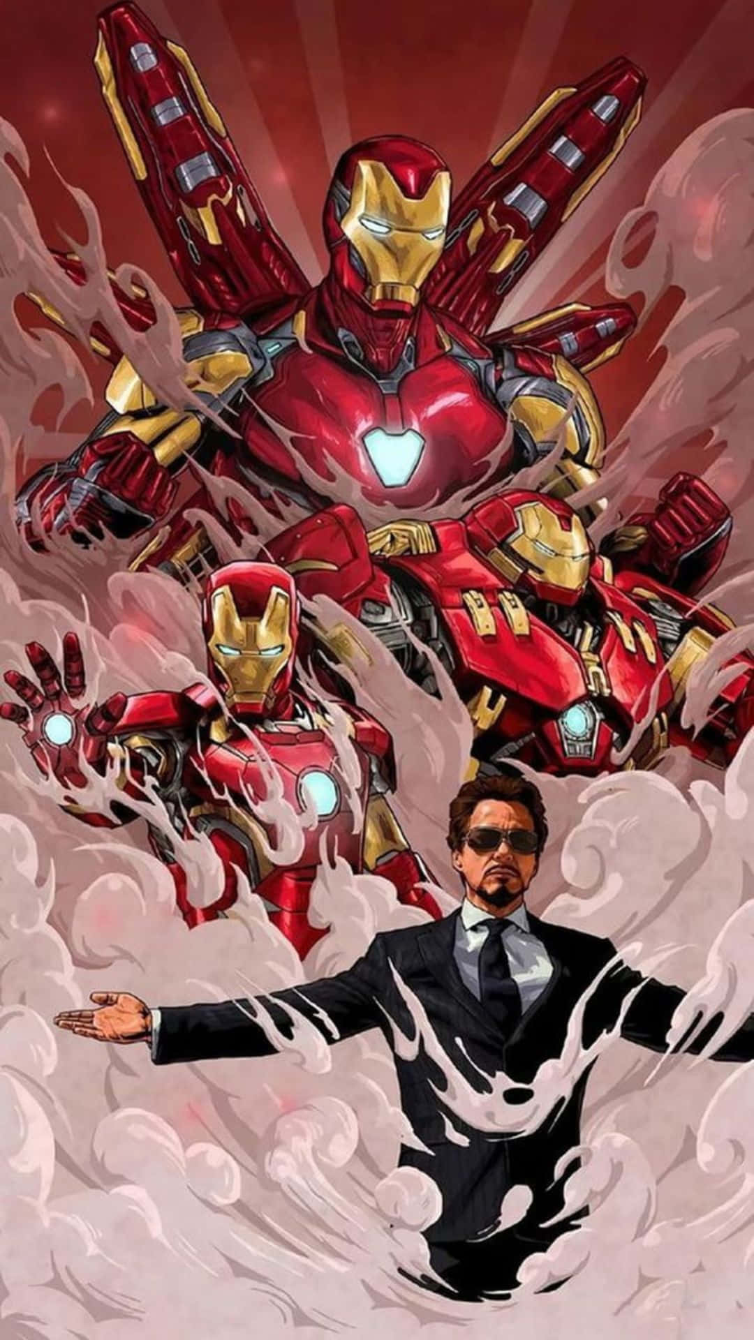 Android Iron Man 桌布 壁紙 — 東尼史塔克身穿西裝，站在三個從煙霧中衝出的鋼鐵人戰衣前，背景是紅色放射狀光芒。