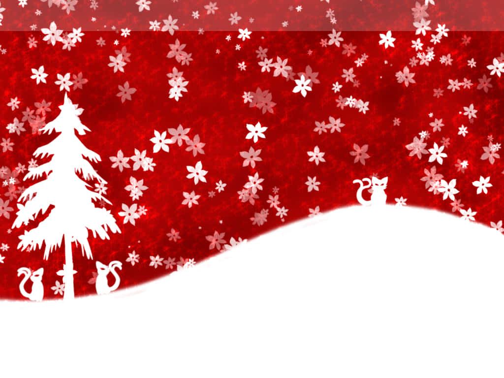 Red Aesthetic Christmas 桌布 壁紙 — 松樹和貓咪的白色剪影在閃爍的紅色背景前跳舞，雪花飄落。