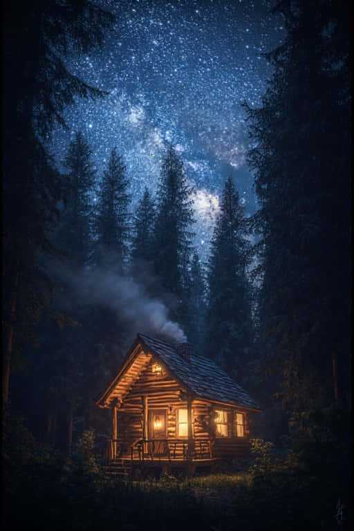 Cozy Nighttime Cabin in Woods Starry Nature 4K 壁紙 — 松樹林中一間舒適的木屋在可見銀河的星空下溫暖地發光。