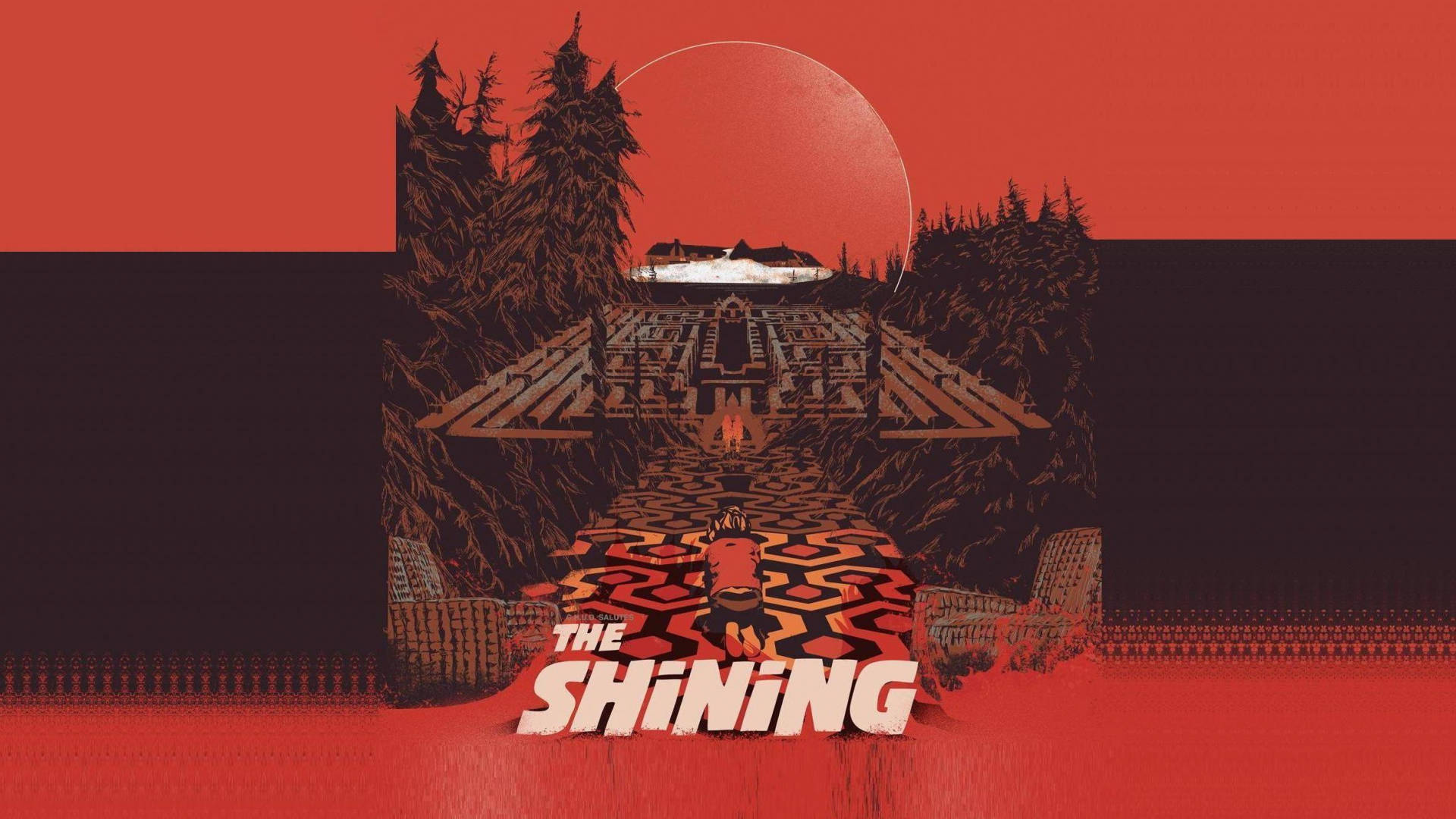 shining 桌布 壁紙 — 松樹環繞的紅月下，圖案走廊盡頭的鬼屋酒店風格化插圖。