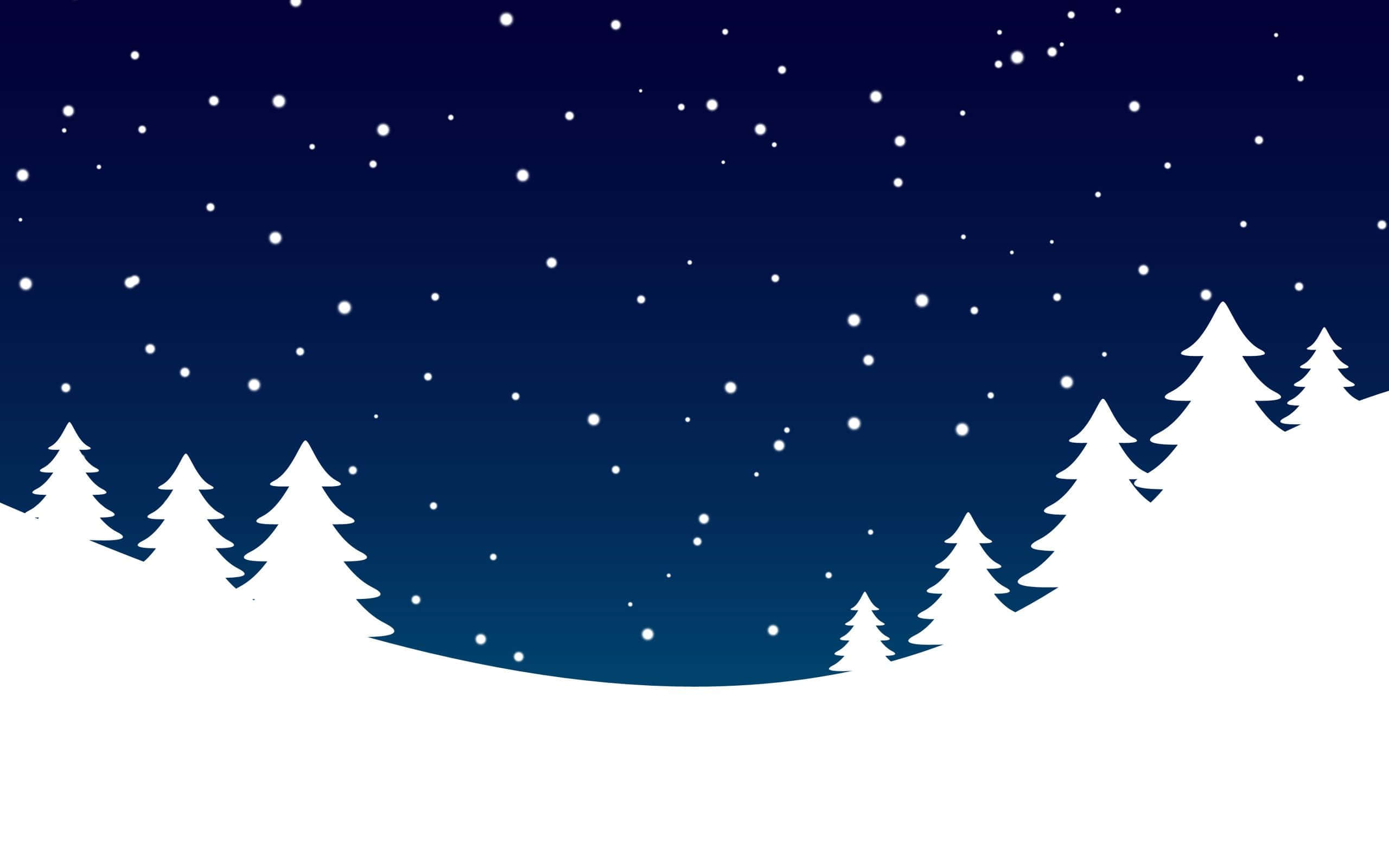 桌布 壁紙 — 松樹的剪影矗立在深藍色星空下，雪花飄落。