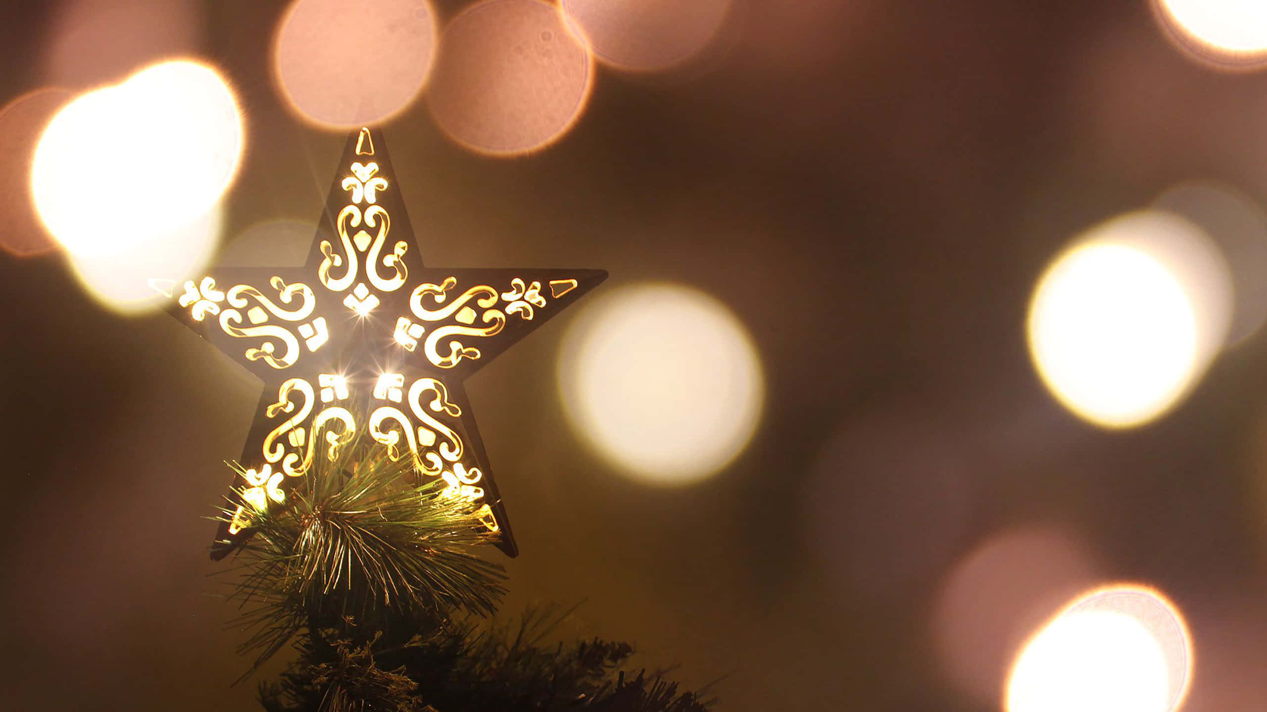 Christmas Star 桌布 壁紙 — 松樹頂上閃爍的裝飾星星，背景有溫暖的散景燈光。