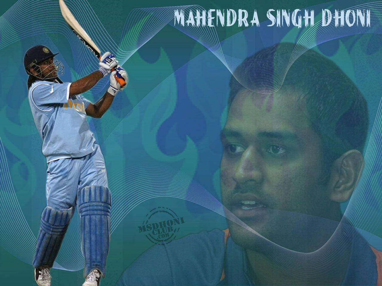 板球運動員 Mahendra Singh Dhoni 以打擊姿勢，肖像疊加在藍綠色抽象背景上。 — 達竇高清壁紙 壁紙