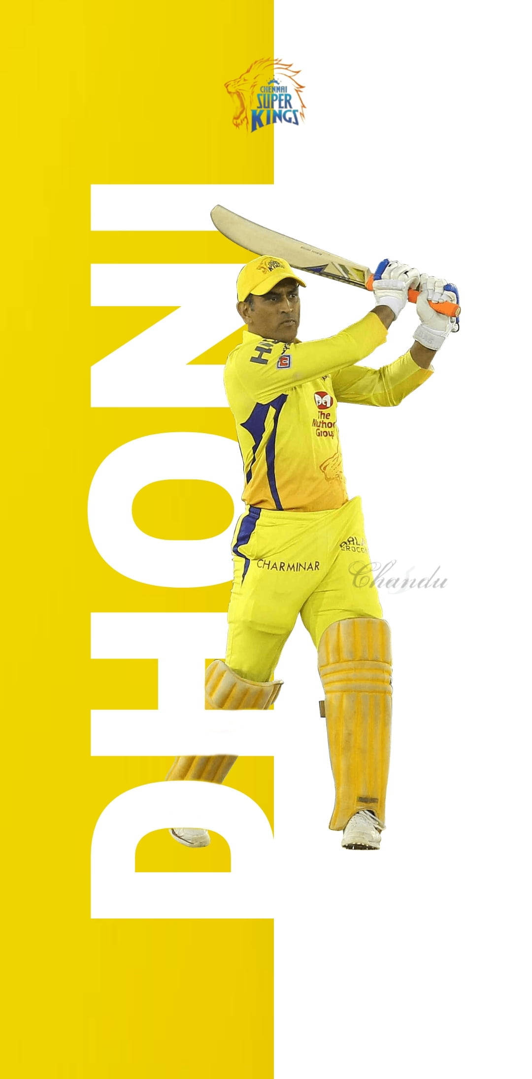 Super 桌布 壁紙 — 板球傳奇人物 MS Dhoni 身穿黃色 Chennai Super Kings 球衣，在醒目的黃白背景下揮棒擊球。