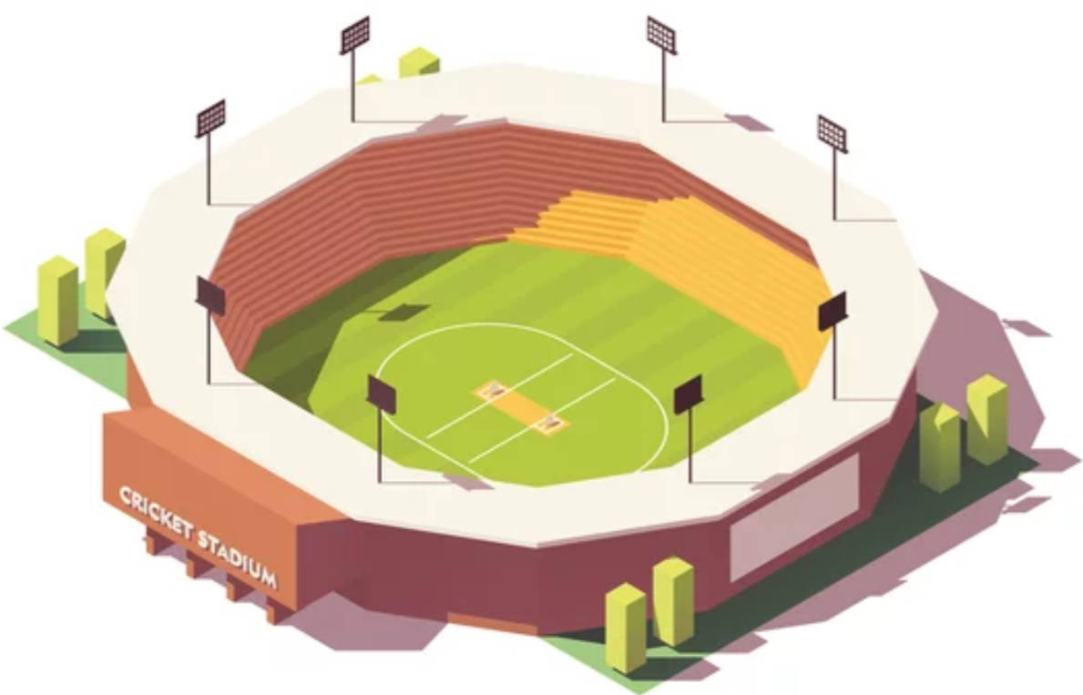 Cricket Ground 桌布 壁紙 — 板球場的等角插圖，設有綠色球場和分層座位，在明亮燈光下。