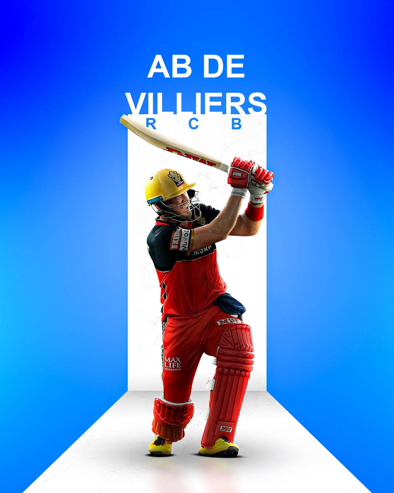 royal challengers bangalore 桌布 壁紙 — 板球運動員 AB de Villiers 身穿紅色 RCB 球衣，在充滿活力的藍色漸變背景中揮桿。