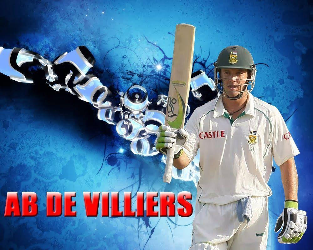 Ab De Villiers 桌布 壁紙 — 板球運動員 AB de Villiers 身穿白色制服，手持球棒，背景為充滿活力的藍色抽象背景，帶有發光的鏈條。