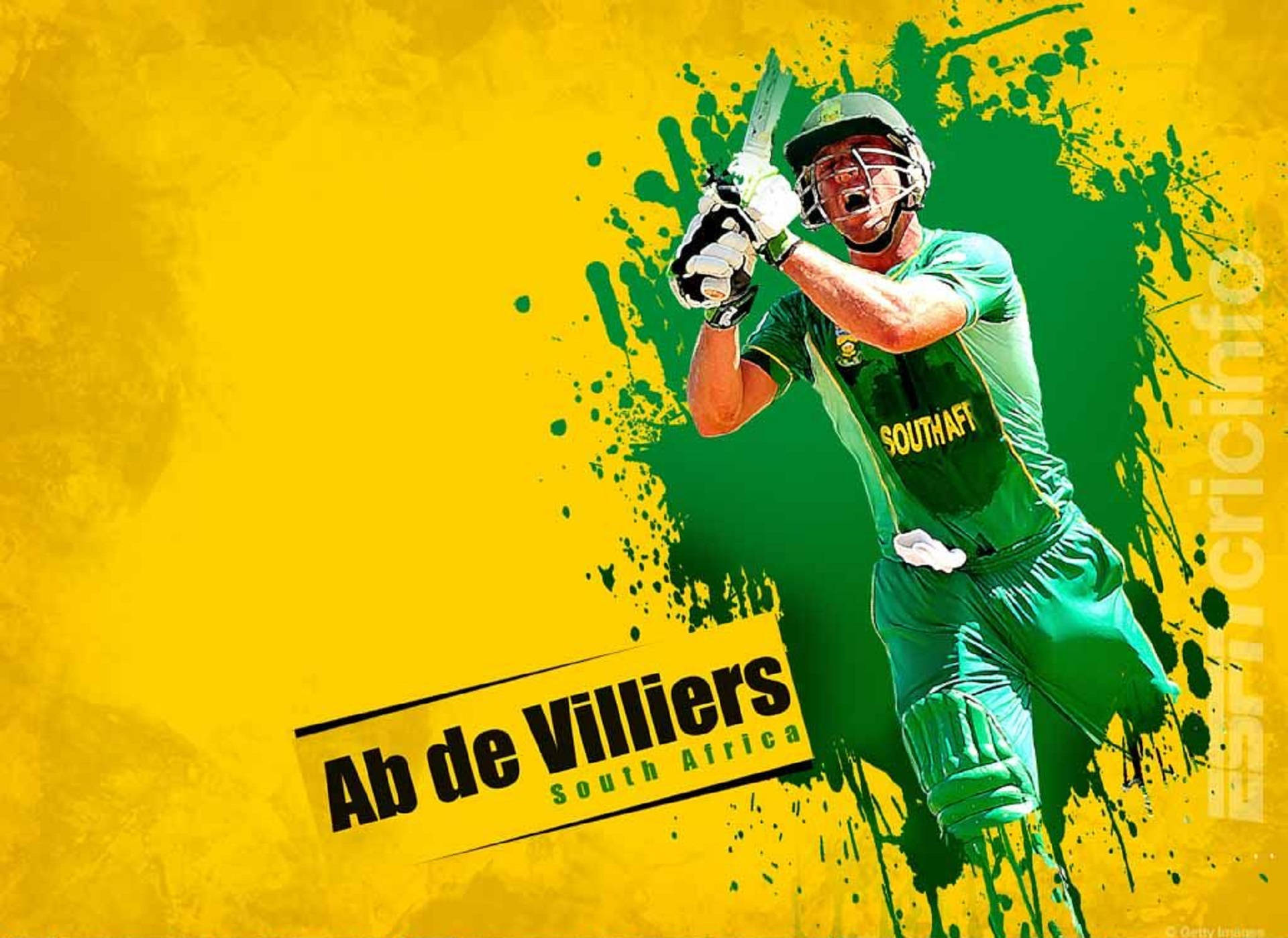 south africa cricket 桌布 壁紙 — 板球運動員 Ab de Villiers 身穿綠色球衣，在充滿活力的黃色和綠色潑濺背景中揮桿。