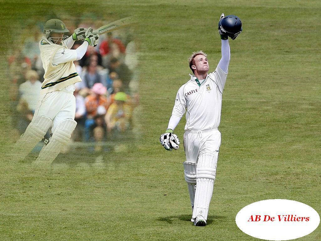 Ab De Villiers 桌布 壁紙 — 板球運動員 AB 迪維利爾斯在綠色場地上勝利慶祝，同時他擊球的模糊圖像疊加在場景上。
