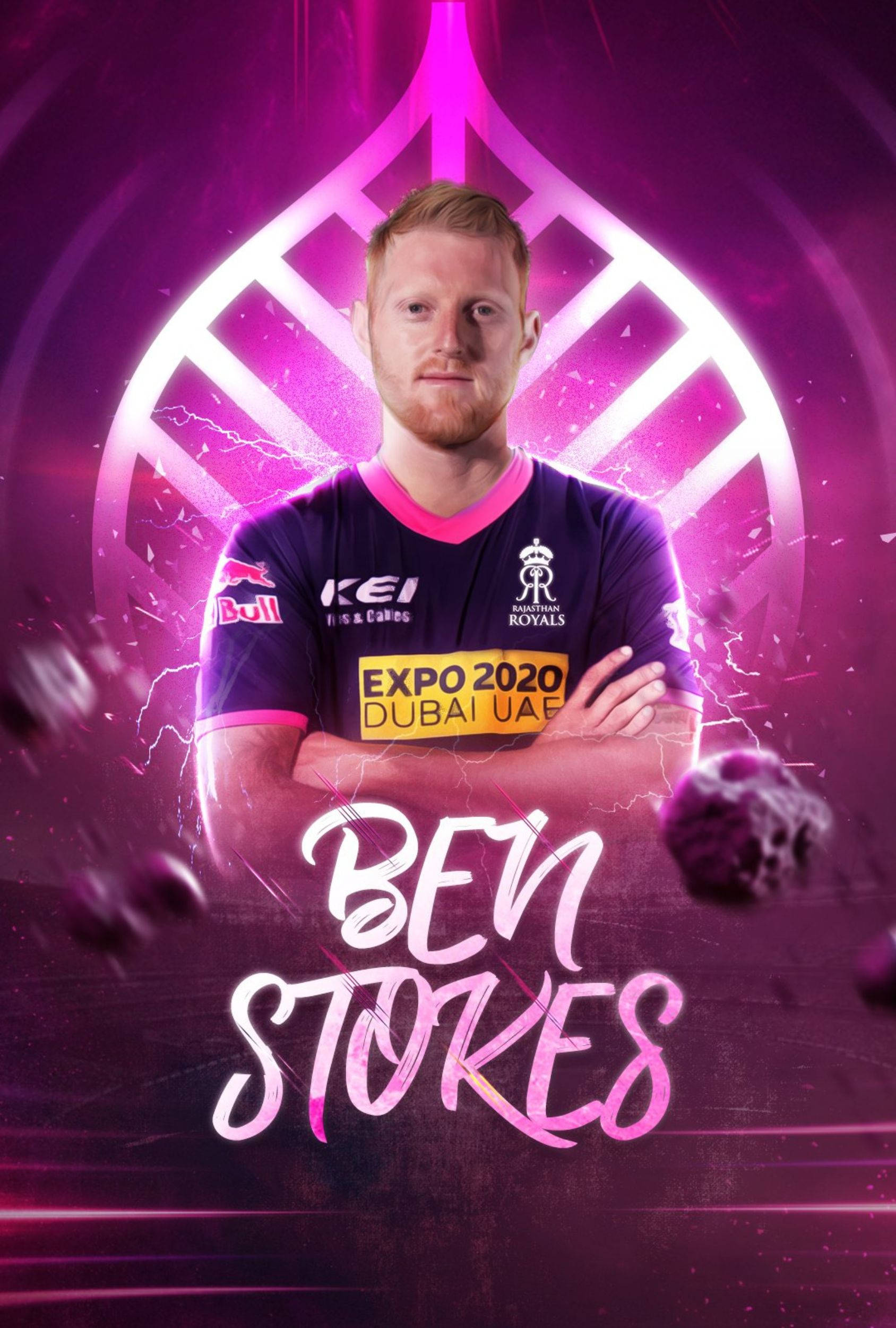 Rajasthan 桌布 壁紙 — 板球運動員 Ben Stokes 自信地穿著紫色球衣，站在帶有閃電效果的發光粉紅色和紫色抽象背景前。