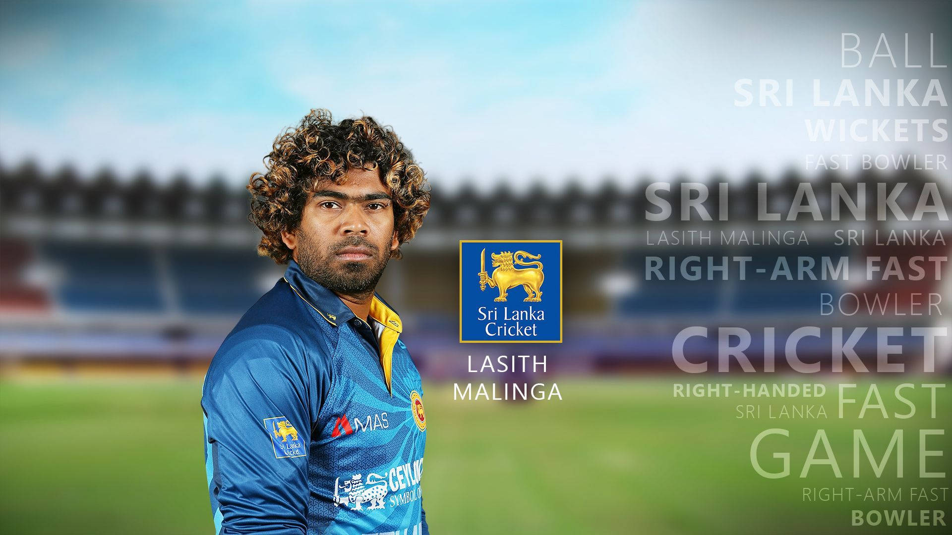 Sri Lanka Cricket 桌布 壁紙 — 板球運動員 Lasith Malinga 身穿藍色斯里蘭卡球衣，自信地站在體育場上，帶有統計文字疊加。