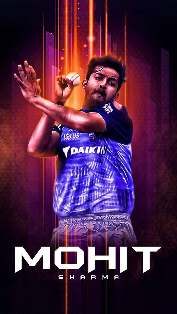 橘色 桌布 壁紙 — 板球運動員 Mohit Sharma 在發光的橙色和紫色數位背景前擺出動態擊球姿勢。