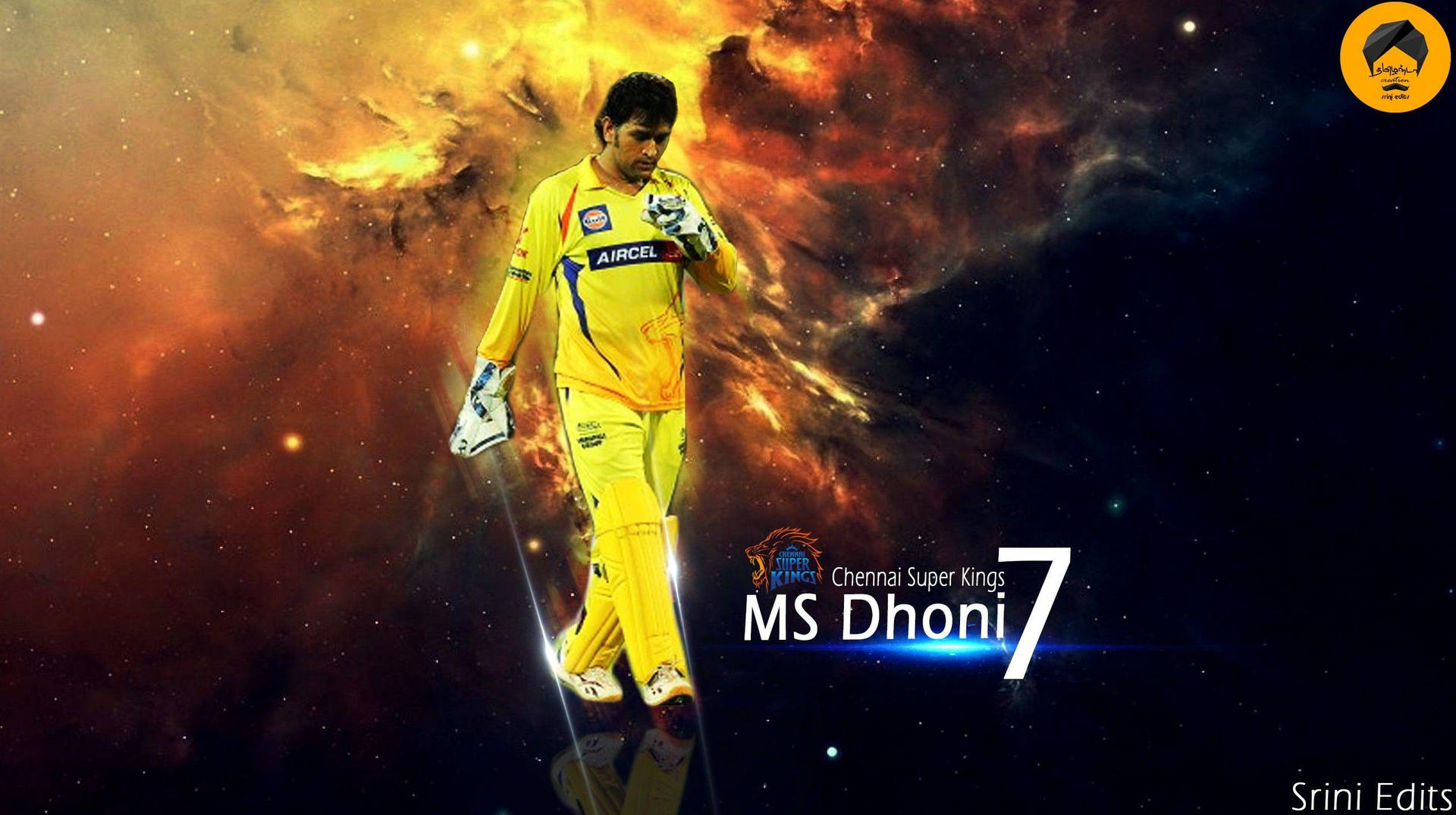 板球運動員 MS Dhoni 身穿黃色球衣，背景為宇宙星雲。 — 達竇高清壁紙 壁紙