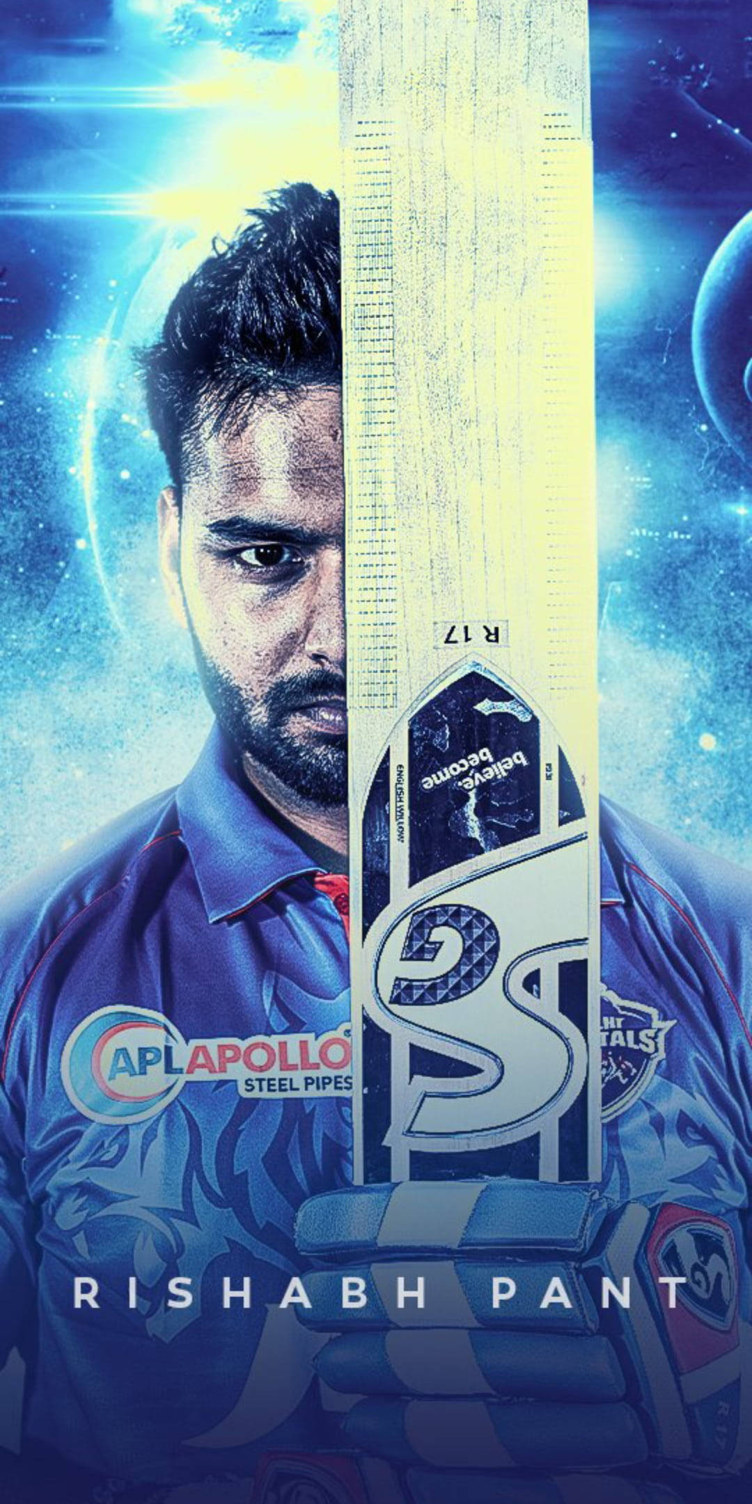 Delhi Capitals 桌布 壁紙 — 板球運動員 Rishabh Pant 手持球棒，在閃爍星星和行星的宇宙藍色背景下，眼神專注地凝視。
