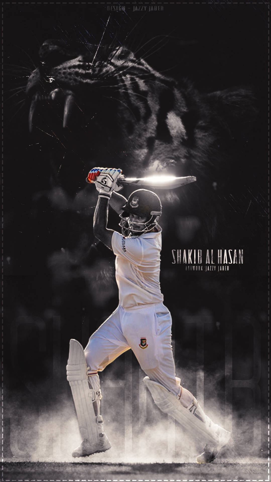 Shakib Al Hasan 桌布 壁紙 — 板球運動員 Shakib Al Hasan 身穿白色制服揮動球棒，身後有咆哮的老虎剪影，呈現戲劇性的黑白效果。