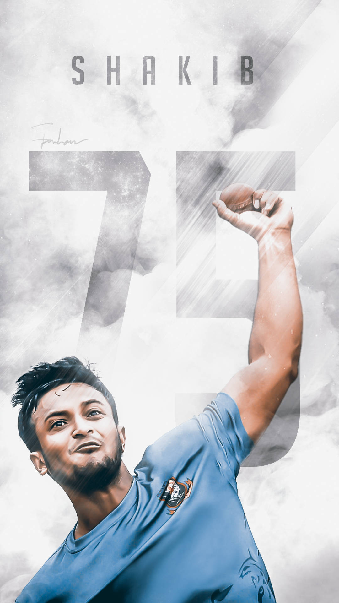 Shakib Al Hasan 桌布 壁紙 — 板球運動員 Shakib Al Hasan 在煙霧灰色背景上舉起拳頭勝利姿勢的動態數位肖像，帶有他的名字和號碼 75。