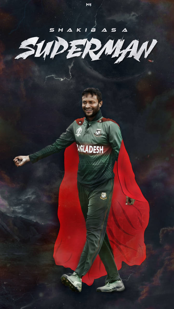 Shakib Al Hasan 桌布 壁紙 — 板球運動員 Shakib Al Hasan 身穿綠色孟加拉國球衣，披著飄逸的紅色斗篷，在暴風雨般的宇宙背景下英勇站立，上方有'SUPERMAN'文字。