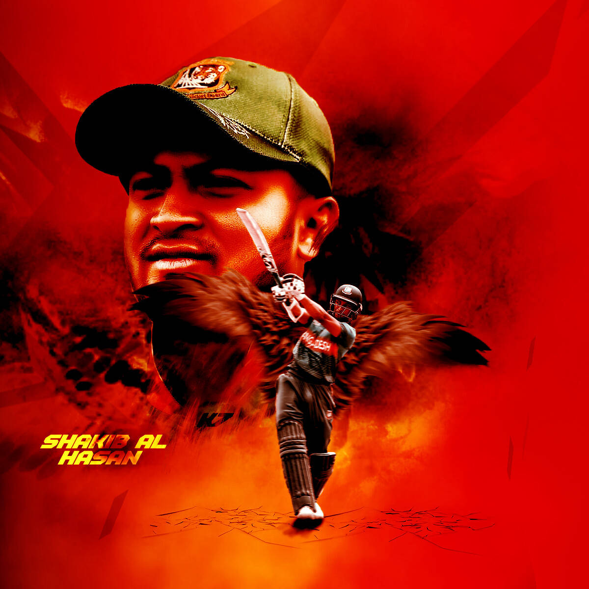 Shakib Al Hasan 桌布 壁紙 — 板球運動員 Shakib Al Hasan 的動態數位藝術肖像，帶有火焰翅膀和強烈的紅色背景。
