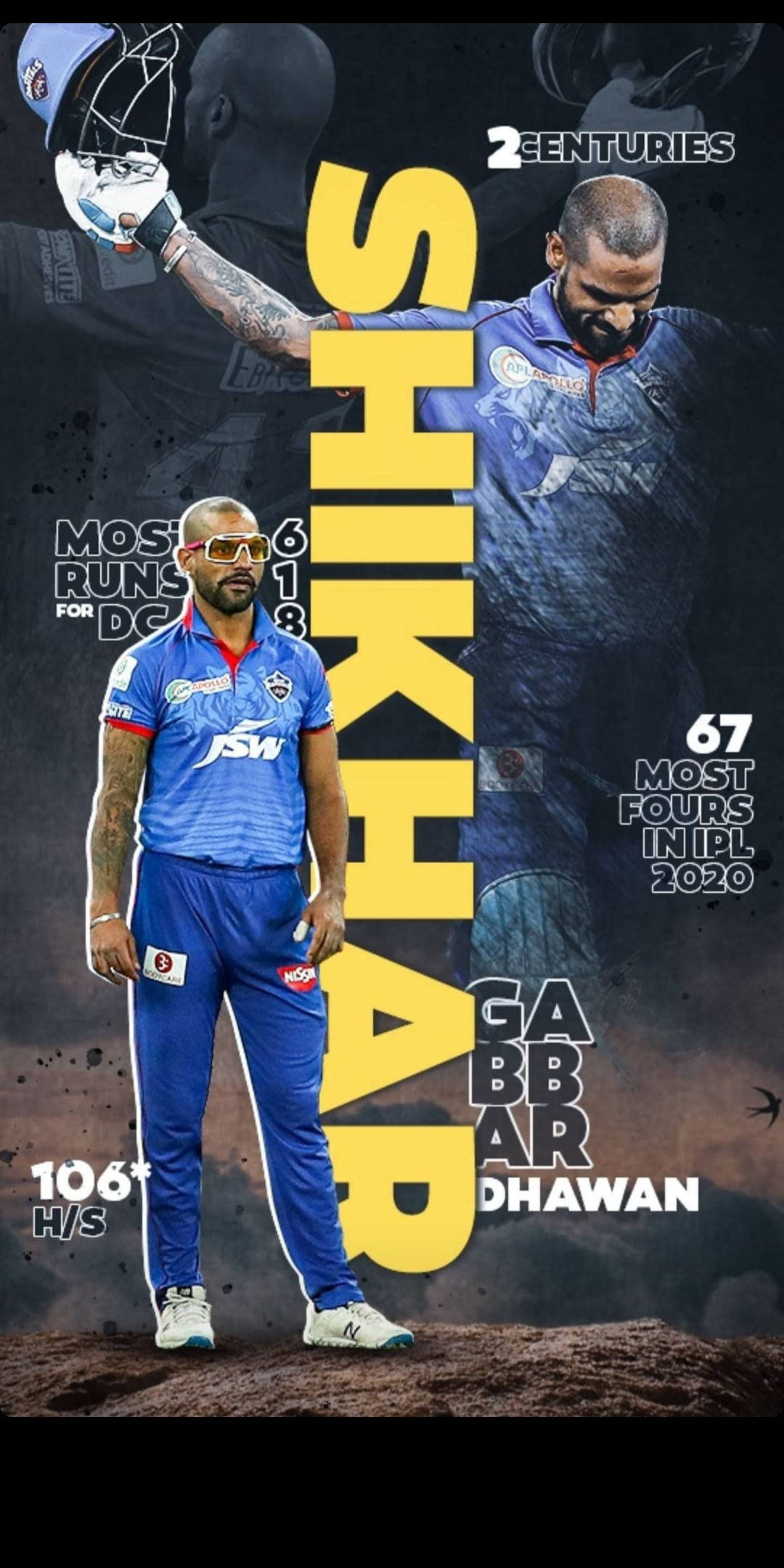 Delhi Capitals 桌布 壁紙 — 板球運動員 Shikhar Dhawan 身穿藍色制服，自信地站立，背景為深色粗糙，以粗體黃色文字顯示 2 個 centuries 和 67 個 fours 等統計數據。