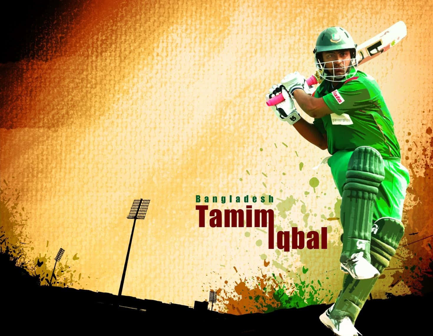 板球 桌布 壁紙 — 板球運動員 Tamim Iqbal 身穿綠色球衣，在紋理橙色背景和體育場燈光下揮桿中。