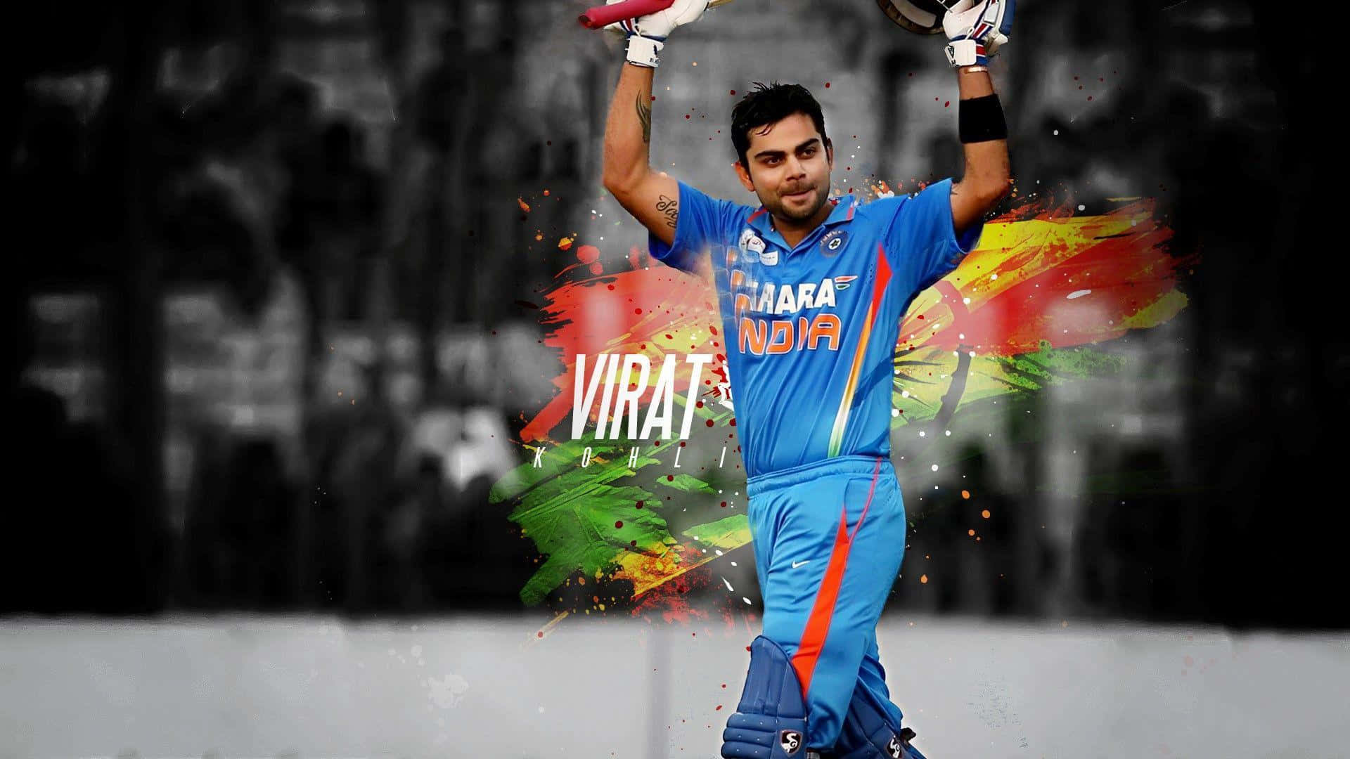 板球 桌布 壁紙 — 板球運動員 Virat Kohli 身穿藍色印度隊服，在黑白背景上以鮮豔的顏料潑濺效果，勝利地舉起球棒和手套。