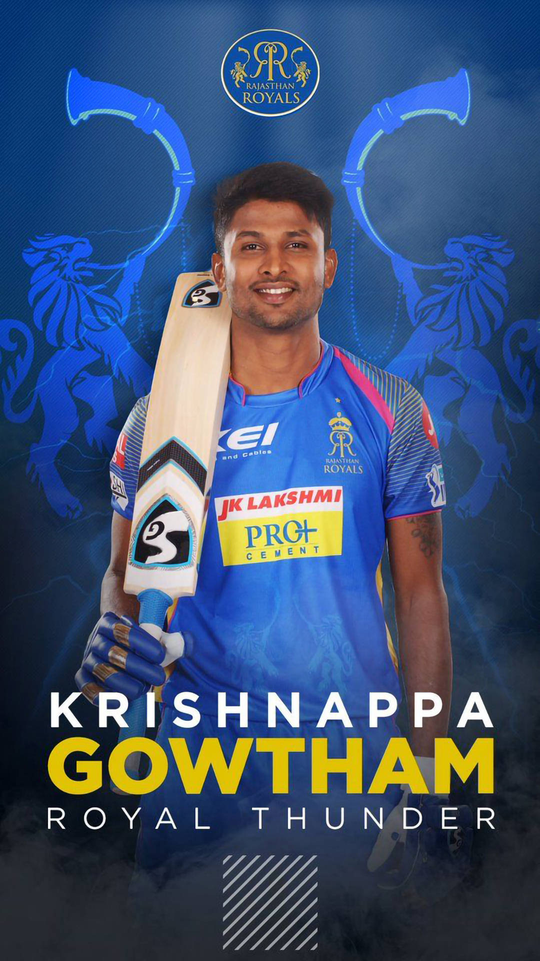 Rajasthan 桌布 壁紙 — 板球運動員Krishnappa Gowtham自信地微笑，手持球棒，背景為動態藍色並帶有球隊標誌。