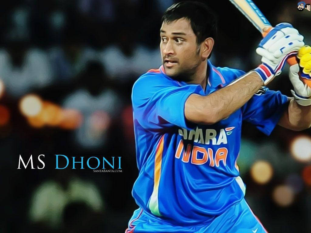 Ms Dhoni 桌布 壁紙 — 板球運動員MS Dhoni身穿藍色印度球衣，揮棒中，球棒在體育場燈光下發光。