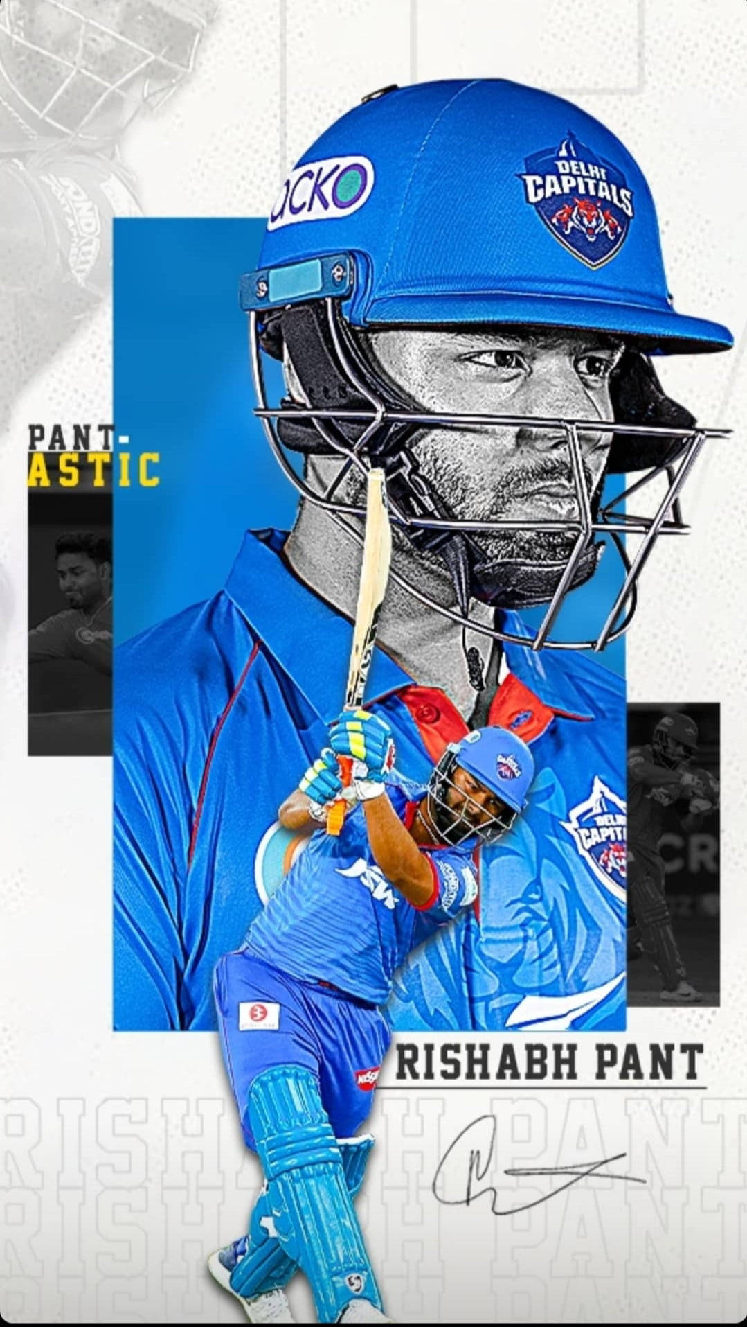 Delhi Capitals 桌布 壁紙 — 板球運動員Rishabh Pant身穿藍色德里首都隊裝備，揮動球棒中的動態數位插圖。