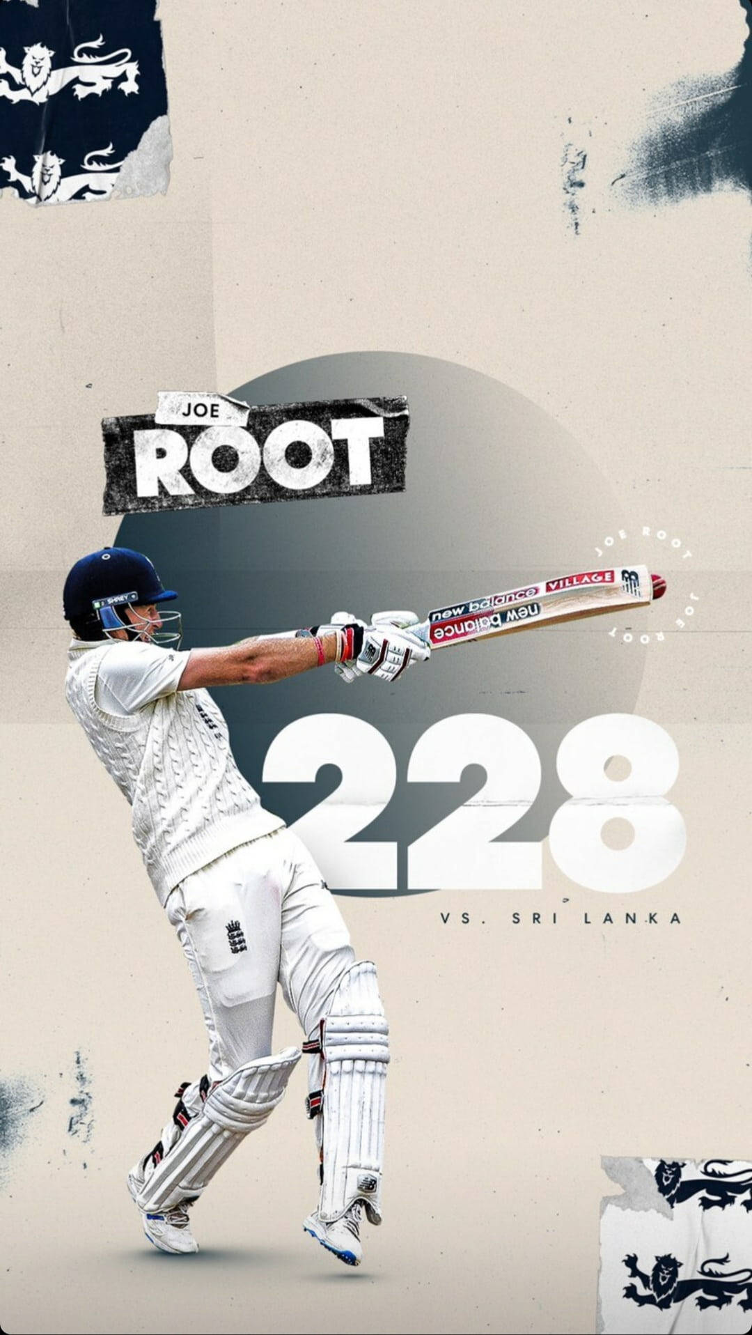 England Cricket 桌布 壁紙 — 板球運動員喬·魯特身穿白色制服，揮棒中顯示對斯里蘭卡的228分，背景為紋理米色。